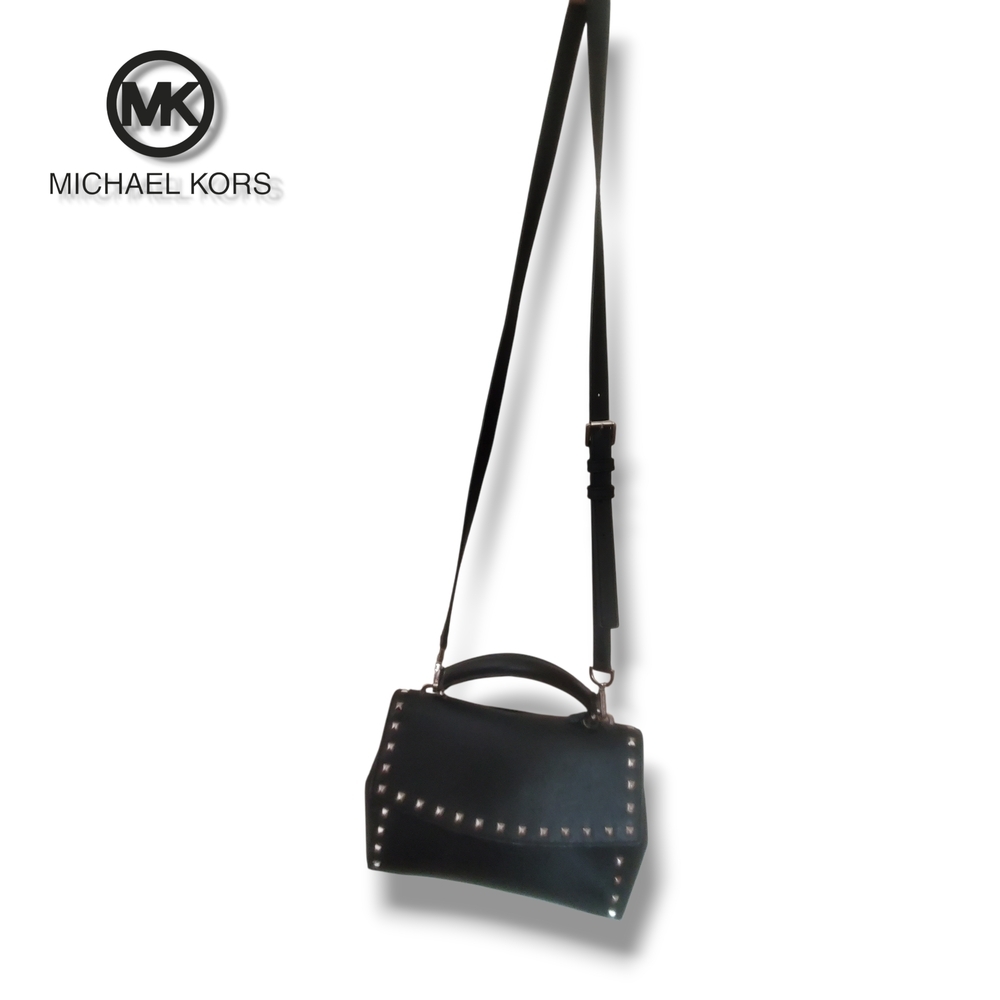 Michael KORS Black Saffiano Leather Top Handle Silver Studded Crossbody Satchel - Picture 6 of 17